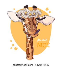 Vector sketching illustrations. Portrait of funny giraffe with a wreath of daisies. Isolated objects for your design. Each object can be changed and moved.