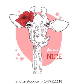 Vector sketching illustrations. Portrait of funny giraffe with poppy. Isolated objects for your design. Each object can be changed and moved.