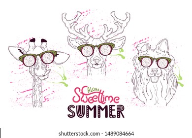Vector sketching illustrations. Portrait of a funny animals in glasses under the effect of dragon fruit. Isolated objects for your design. Each object can be changed and moved.