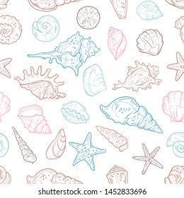 Vector sketching illustrations. Seamless pattern seashells. Isolated objects for your design. 