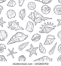 Vector sketching illustrations. Seamless pattern of seashells. Isolated objects for your design. 