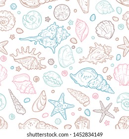 Vector sketching illustrations. Seamless pattern seashells. Isolated objects for your design. 