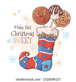 Vector sketching illustrations. Sweets in a Christmas stocking. Each object can be changed and moved for your design.