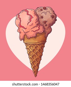 Vector sketching illustrations. Two balls of ice cream in one waffle cone. Each object can be changed and moved  for your design.