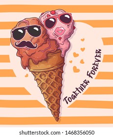 Vector sketching illustrations. Two balls of ice cream with funny masks in one waffle cone. Greeting card for valentines day. Each object can be changed and moved  for your design.