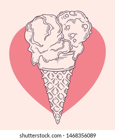 Vector sketching illustrations. Two balls of ice cream in one waffle cone. Each object can be changed and moved  for your design.