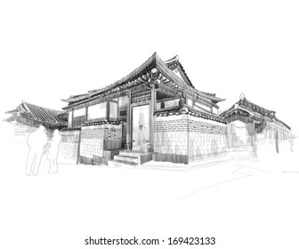 Vector Sketching Of Korean Traditional House, Hanok.