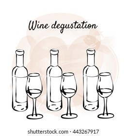 Vector sketchy art for wine tasting events.  Hand drawn illustration with wine  bottle, glass, grapes, banana, apple on watercolor background.