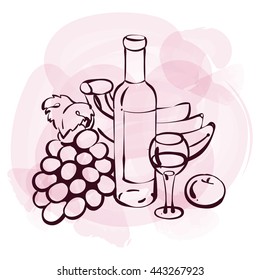 Vector sketchy art for wine tasting events.  Hand drawn illustration with wine  bottle, glass, grapes, banana, apple on watercolor background.
