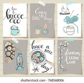 Vector sketchy card set. Cozy hygge elements, home interior details. Warm atmosphere, time to hygge, lettering. 