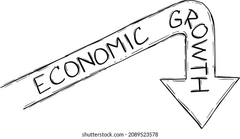 Caricatura vectorial dibujando la ilustración conceptual de una flecha gráfica que representa la caída del crecimiento económico global. Deterioro financiero, crisis, recesión o depresión.