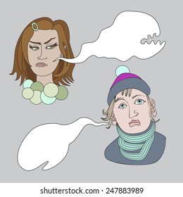Vector sketchy cartoon people with speech bubbles . Sad boy and girl