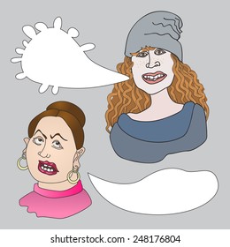 Vector sketchy cartoon people with speech bubbles . Mother and daughter