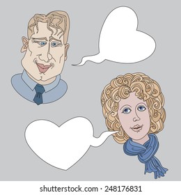 Vector sketchy cartoon people with speech bubbles . Blonde man and woman in love