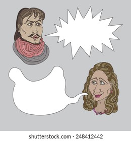 Vector sketchy cartoon people with speech bubbles . Woman and young man