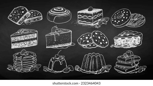 Vector sketchy chalkboard drawing illustration of desserts and bakery. 