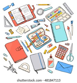 Vector sketchy color stationary set isolated on white. Illustration of office and school supplies