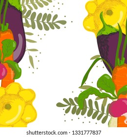 vector sketchy colorful organic frame made with vegeatables(eggplant, radish, carrot, onion, zucchini) and stylized leaves.