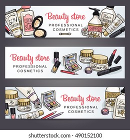 Vector sketchy cosmetics horizontal banners set . Hand drawn illustration templates with make up and body care products for shop, spa salon.