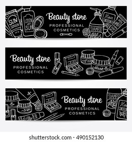 Vector sketchy cosmetics horizontal banners set on chalkboard. Hand drawn illustration templates with make up and body care products for shop, spa salon.