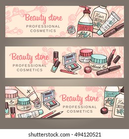 Vector sketchy cosmetics horizontal banners set . Hand drawn illustration templates with make up and body care products for shop, spa salon.