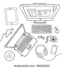 Vector sketchy gadgets set. Illustration with doodle laptop, pc, keyboard, tablet, phone, camera, music streaming service isolated on white.