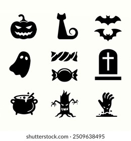 Vector Sketchy Halloween Símbolos: Calabaza, Gato Negro, Murciélagos, Fantasmas, Caramelo, Lápida, Zombi, Poción