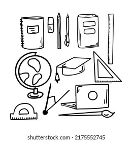 Vector sketchy hand drawn stationary set isolated on white. Doodle office and school things.