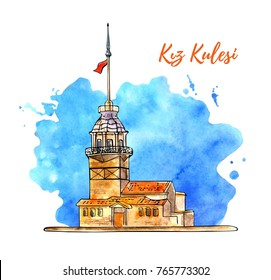 Vector sketchy illustration with a black outline silhouette of the Maiden Tower in Istanbul with isolated bright colorful texture on the background. Hand drawn famous turkish landmark.