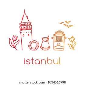 Vector sketchy illustration famous turkish symbols of Istanbul, Turkey. Hand drawn landmarks silhouettes with red, orange and yellow gradient outline isolated on white background.