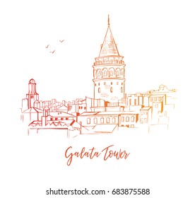 Vector sketchy illustration with a silhouette of Galata tower in Istanbul. Hand drawn famous turkish landmark with red, orange and yellow gradient outline isolated on white background.