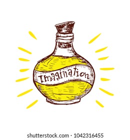 Vector sketchy illustration with a small bottle signed as Imagination, augmented with yellow beams. Design element, motivation and inspiration themes, printed goods.