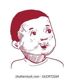 vector sketchy illustration of a small brunette smiling boy with big teeth isolated on white