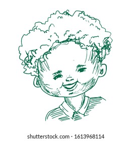 vector sketchy illustration of a small curly smiling boy isolated on white