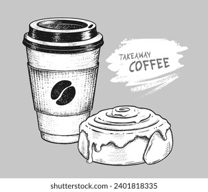 Vector sketchy illustration of takeaway disposable Coffee paper cup with glazed Cinnamon Roll