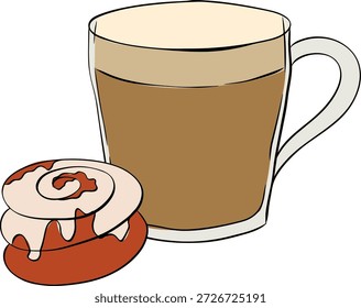 Vetor ilustração esboçada de takeaway descartável Café copo de papel com vidro Cinnamon Roll composição ilustração desenhada à mão. Arte colorida com tinta de linha gráfica vetorial.
