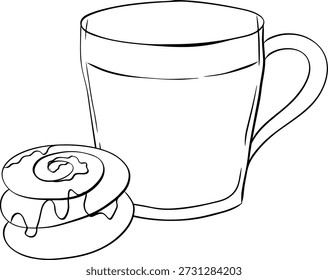 Vetor ilustração esboçada de takeaway descartável Café copo de papel com vidro Cinnamon Roll composição ilustração desenhada à mão. Tinta de linha gráfica vetorial Arte em preto e branco.
