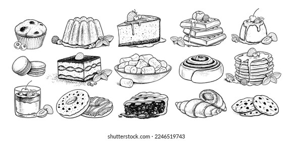 Esbozo vectorial ilustraciones colección de postres y comida dulce.