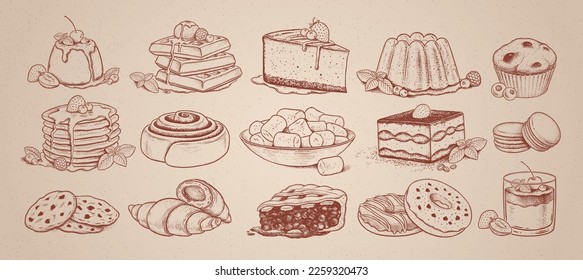 Vector sketchy illustrations collection of desserts and sweet food isolated on vintage old paper background.