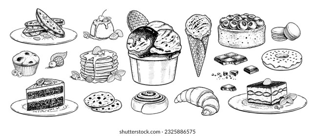 Vector sketchy illustrations collection of desserts and sweet food