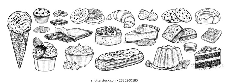 Vector sketchy illustrations collection of desserts and sweet food