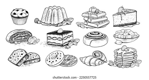 Vector sketchy illustrations set of desserts and sweet food