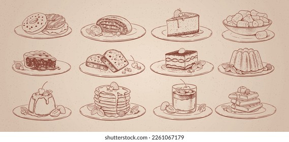 Vector sketchy illustrations set of desserts and sweet food on plates isolated on vintage old paper background.