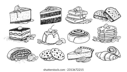 Vector sketchy illustrations set of desserts and sweet food