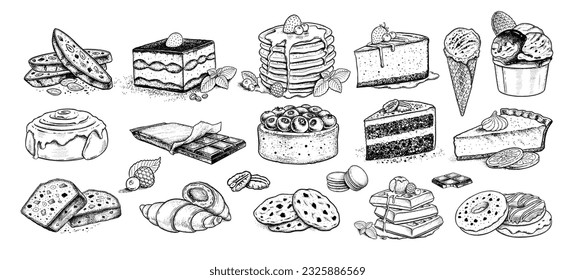 Vector sketchy illustrations set of desserts and sweet food