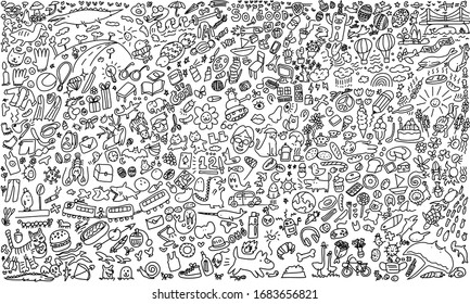 Vector sketchy line art Doodle cartoon set of objects and symbols on the fantasy world.