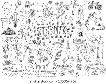 Vector sketchy line art doodle cartoon spring set