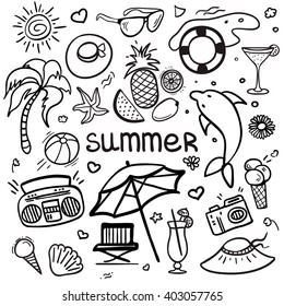 Vector sketchy line art doodle cartoon set of objects and symbols for summer holidays. Black and white vector illustration for web, mobile and print. 