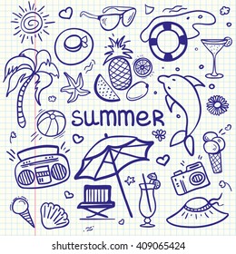 Vector sketchy line art Doodle cartoon set of objects and symbols for summer holidays.  Vector pen style doodle illustration for web, mobile and print. 
