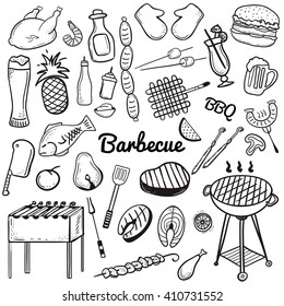 Vector sketchy line art Doodle set of objects and symbols for barbecue and grill theme. Vector barbecue doodle illustrations on white background. Vector illustrations for web, mobile and print. 